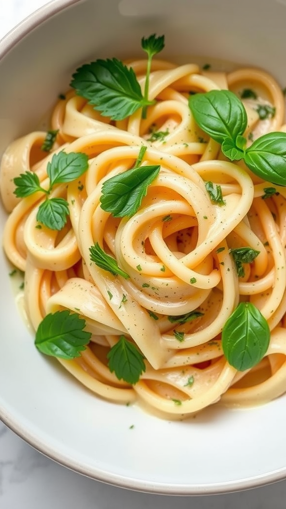 A bowl of creamy herb pasta with fresh herbs on top
