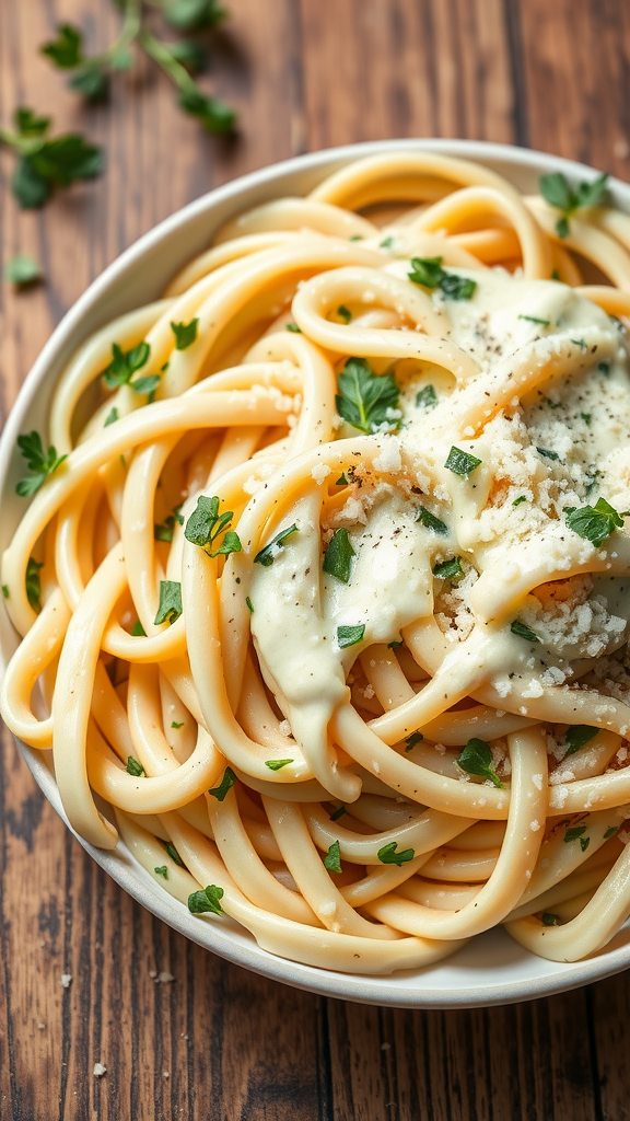A bowl of creamy herb pasta garnished with fresh parsley on a wooden table.