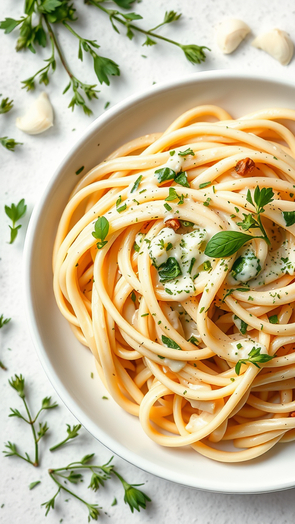A bowl of creamy herb pasta topped with herbs and garlic.