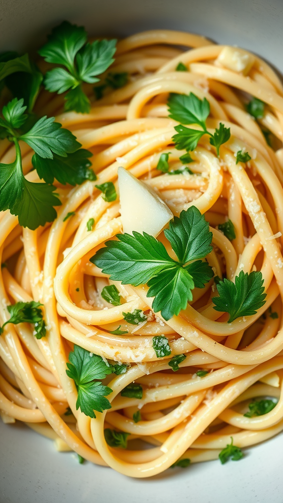 A bowl of creamy pasta topped with fresh herbs and cheese