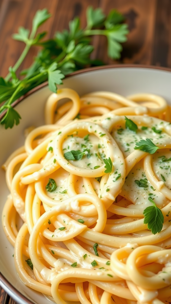 A bowl of creamy pasta topped with fresh herbs.