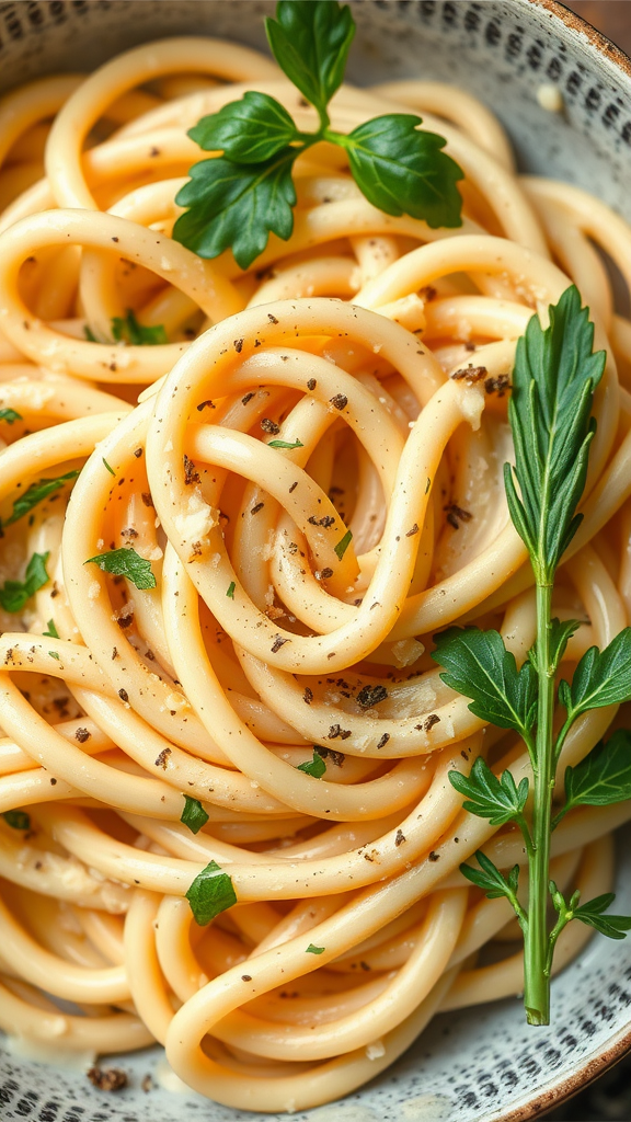 A bowl of creamy herb pasta garnished with fresh parsley and herbs