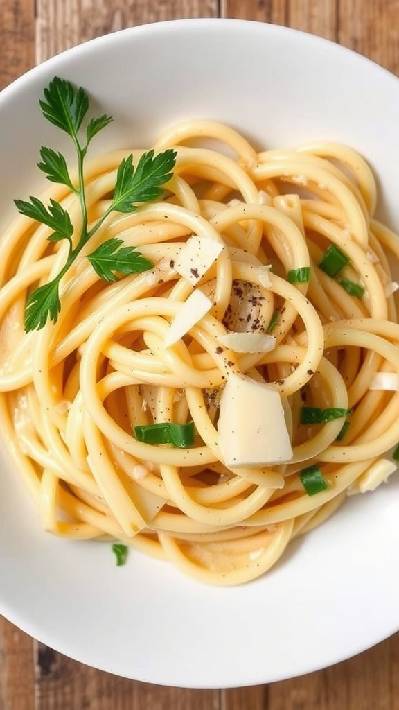 A bowl of creamy herb pasta with zucchini noodles, topped with herbs and cheese.