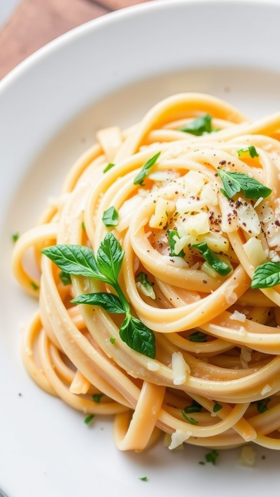 A plate of creamy herb pasta garnished with herbs and cheese.