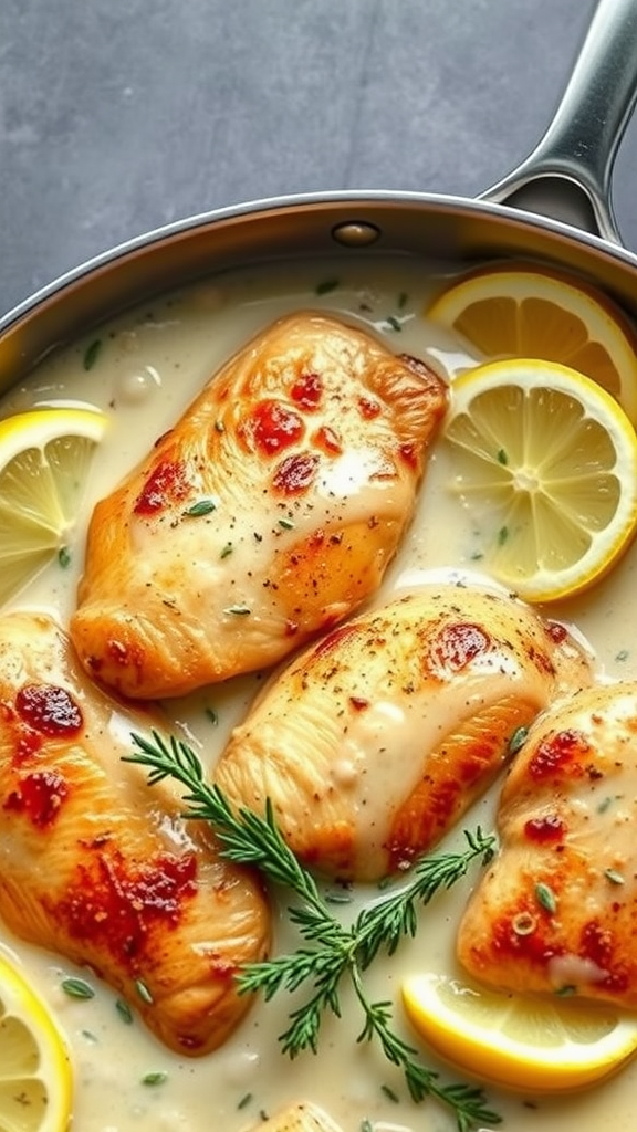 A pan of creamy lemon chicken with lemon slices and herbs