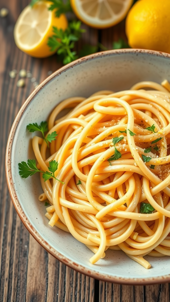 Bowl of creamy lemon pasta garnished with parsley and lemon slices