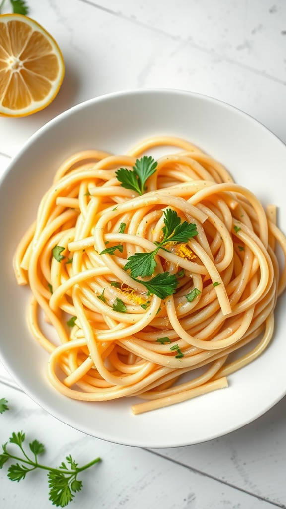 A bowl of creamy lemon pasta garnished with parsley, with a lemon half on the side.