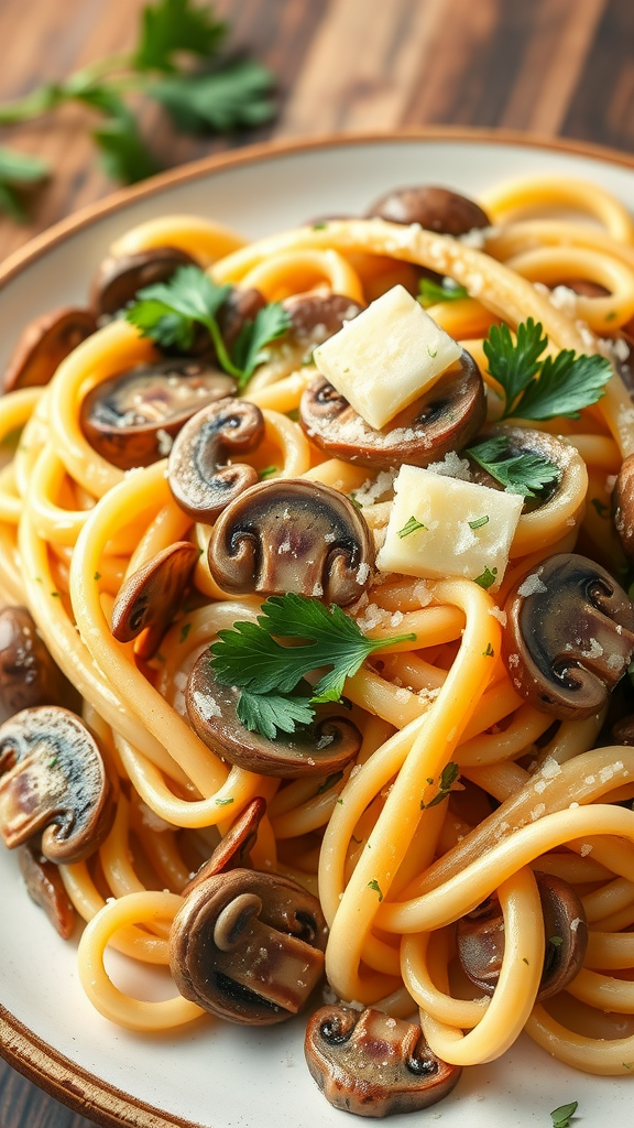 A plate of creamy mushroom pasta garnished with parsley and cheese.