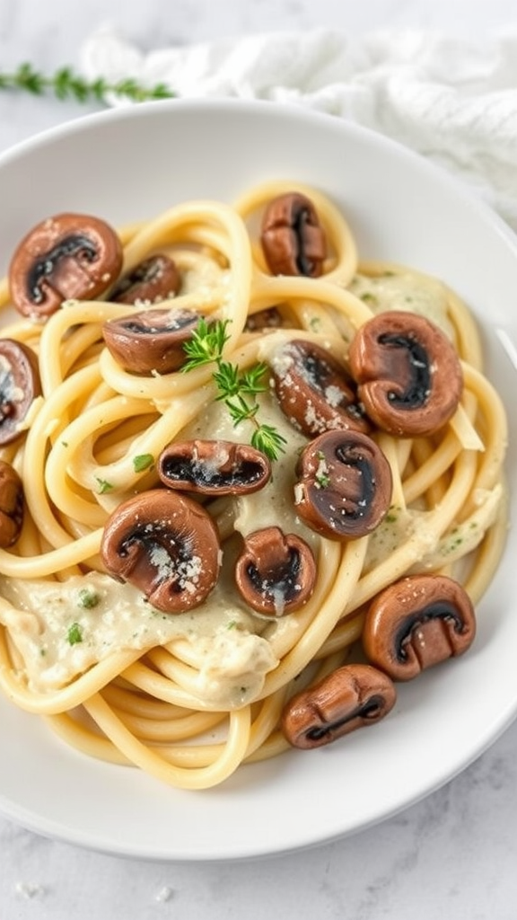 A plate of creamy mushroom pasta topped with mushrooms and herbs.