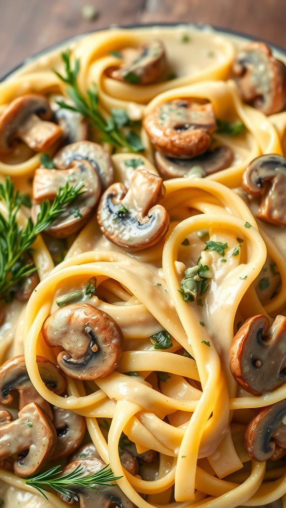 A bowl of creamy mushroom pasta topped with herbs and sliced mushrooms.