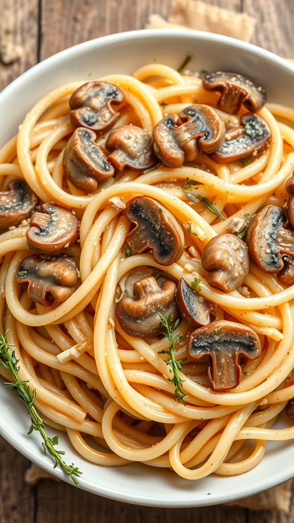 A bowl of creamy mushroom pasta garnished with thyme