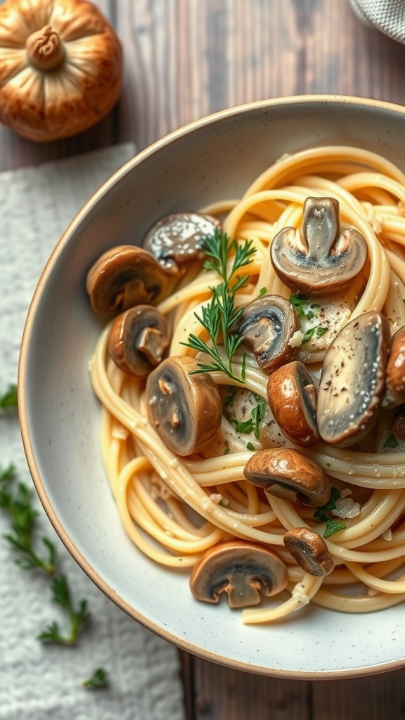 A bowl of creamy mushroom pasta garnished with herbs