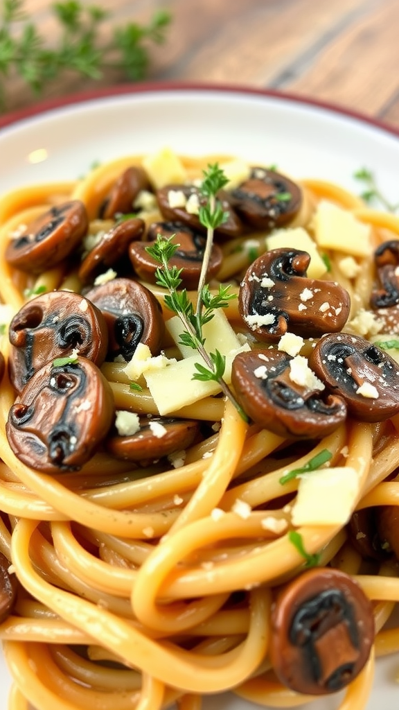 A bowl of creamy mushroom pasta with fresh herbs and cheese on top