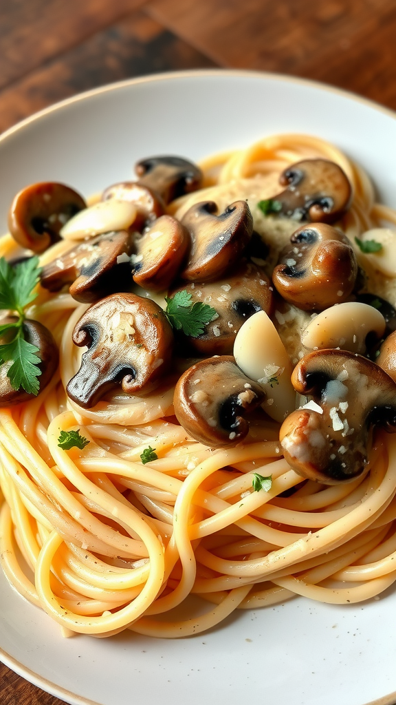 Plate of creamy mushroom pasta topped with fresh herbs and garlic
