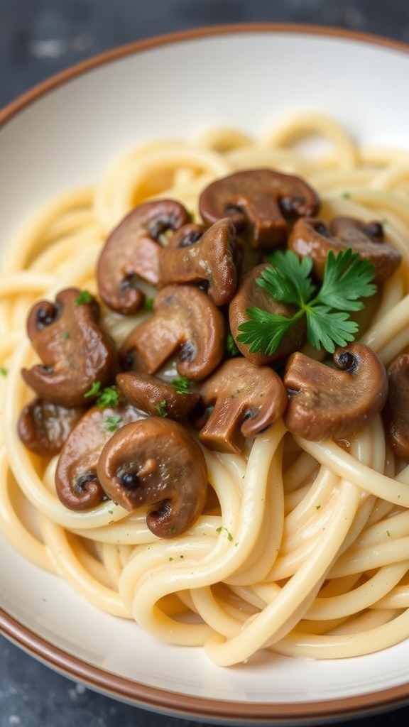 Plate of creamy mushroom pasta with parsley garnish