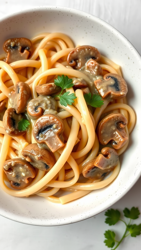 Bowl of creamy mushroom pasta with parsley garnish