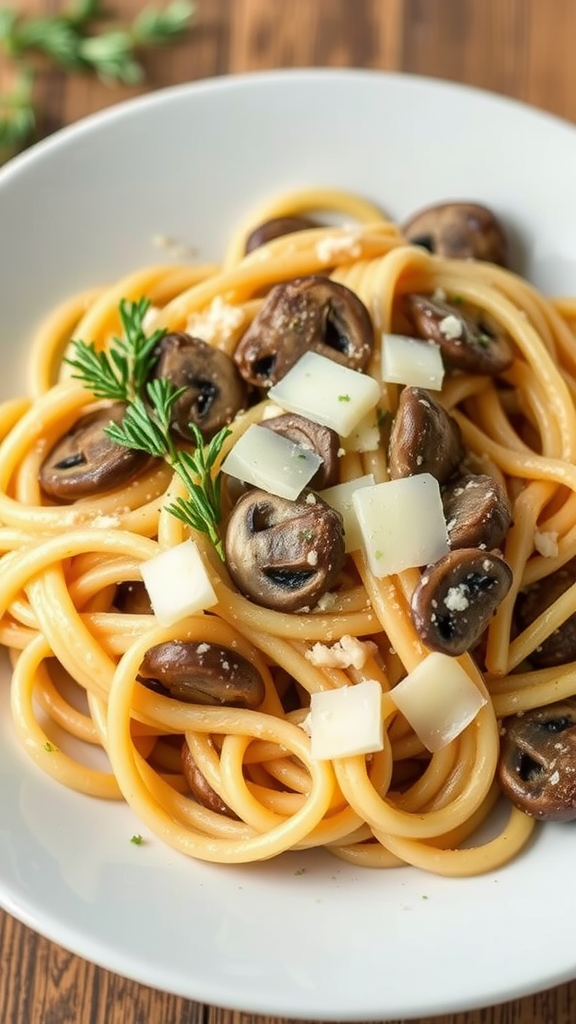 A plate of creamy mushroom pasta with cheese and herbs on top
