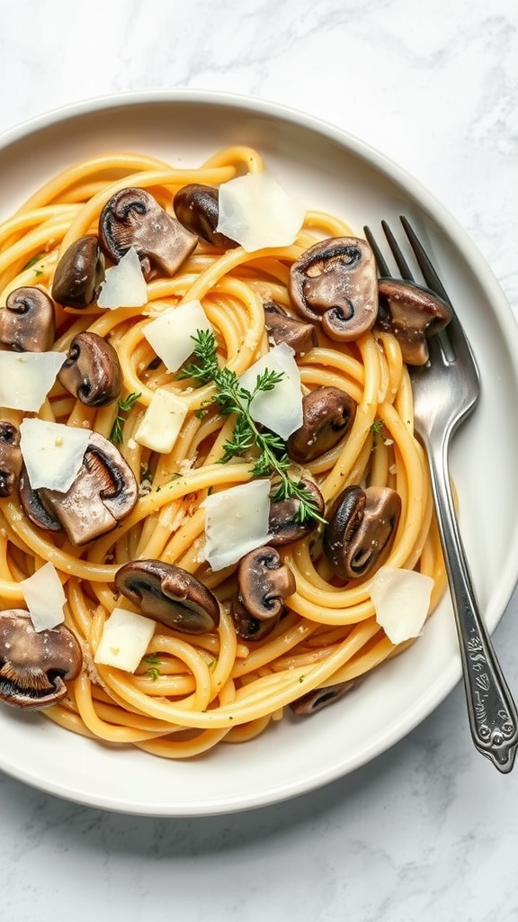 Creamy mushroom pasta served in a white bowl with a fork on the side, garnished with herbs and cheese.