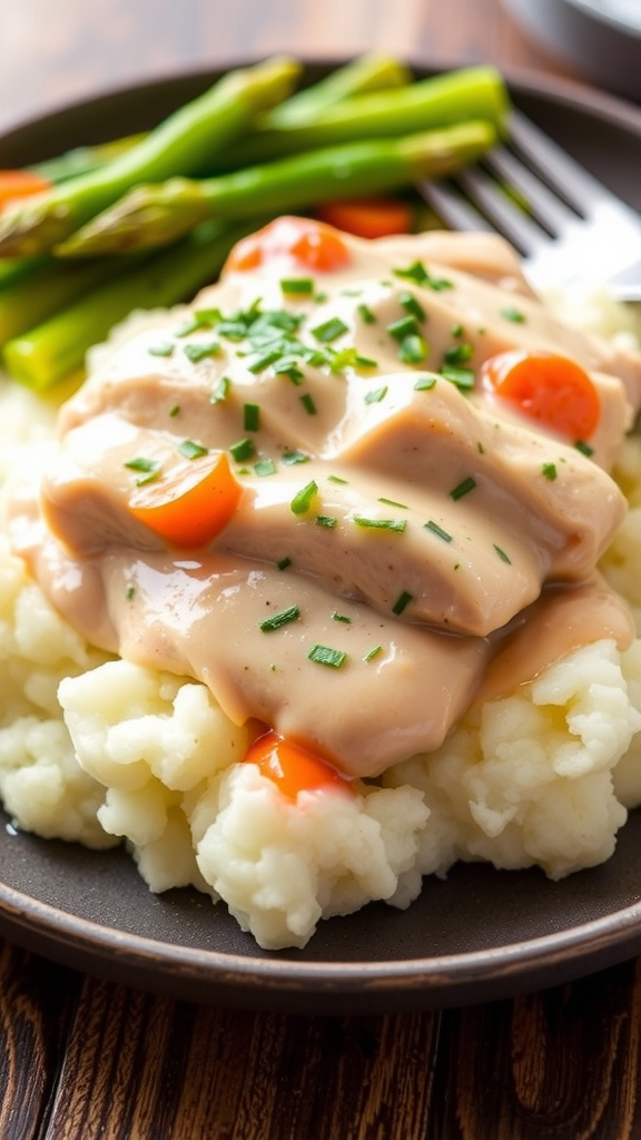 Plate of creamy ranch chicken served with mashed potatoes and asparagus
