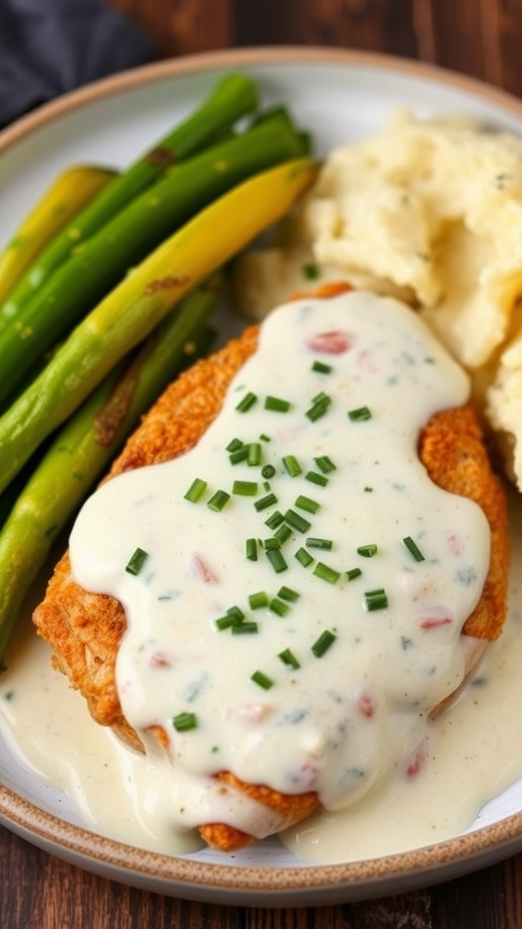Plate of Creamy Ranch Chicken with asparagus and mashed potatoes