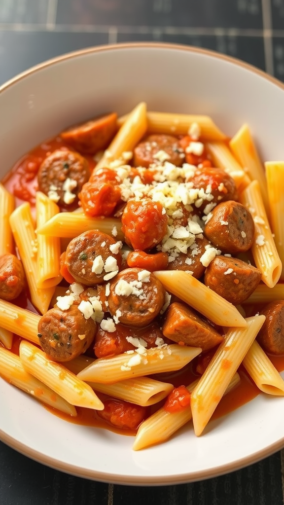A bowl of creamy sausage pasta with penne and tomato sauce topped with feta cheese.