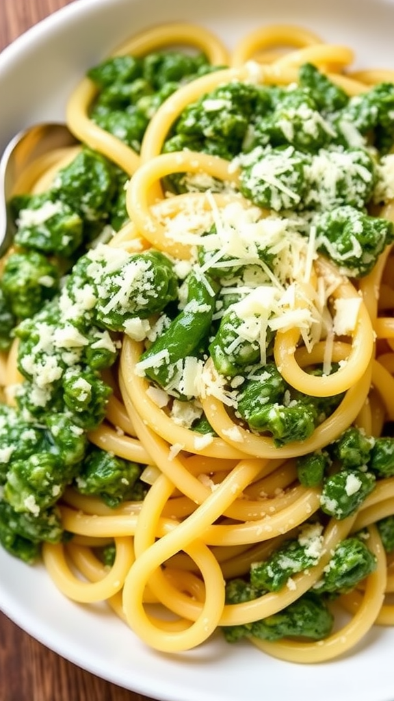 Creamy spinach pasta topped with cheese, served in a white bowl