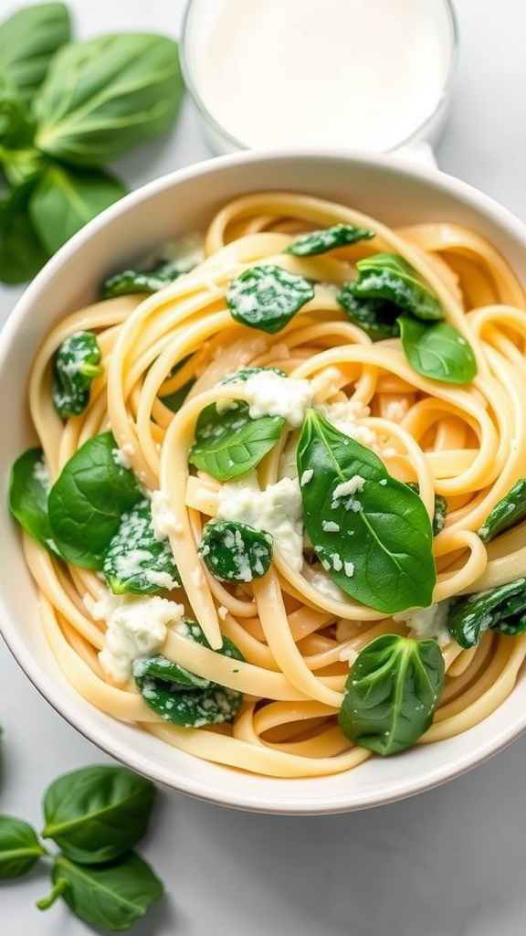 A bowl of creamy spinach pasta with fresh spinach leaves and cheese.