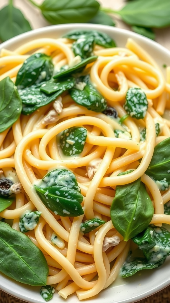 A plate of creamy spinach pasta with fresh spinach leaves