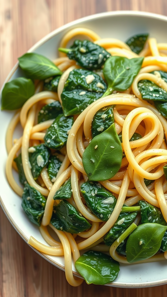 A plate of creamy spinach pasta with fresh spinach leaves on top
