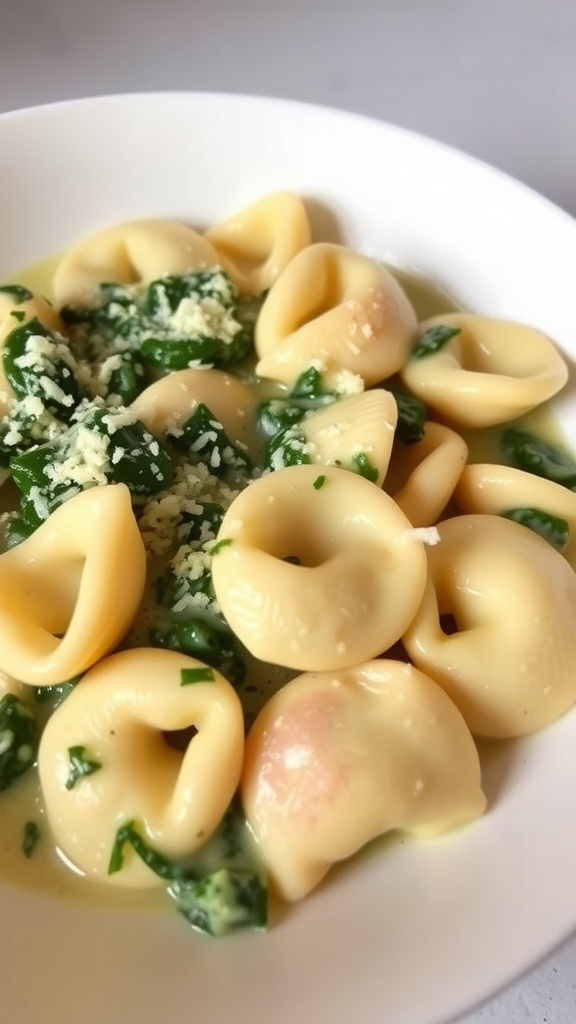 A bowl of creamy spinach tortellini with fresh spinach and cheese