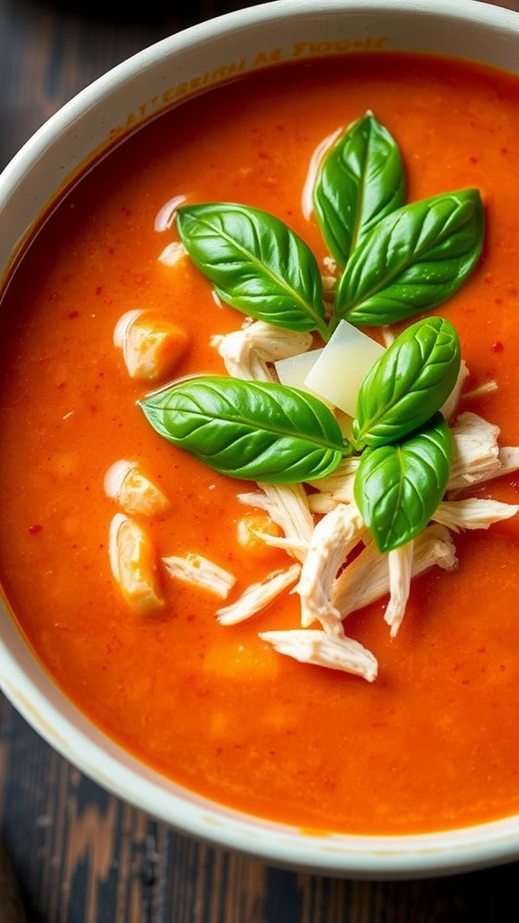 A bowl of creamy tomato basil soup topped with fresh basil leaves and shredded chicken.