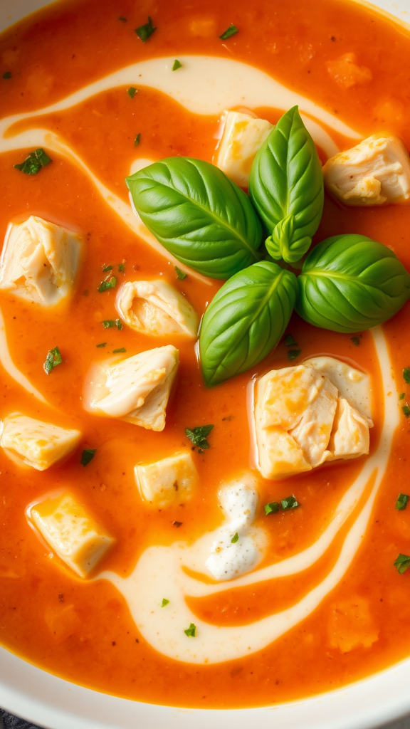 A bowl of creamy tomato basil soup topped with chicken and fresh basil leaves.