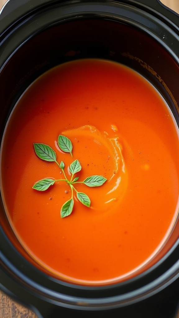 Bowl of creamy tomato soup with basil leaves on top