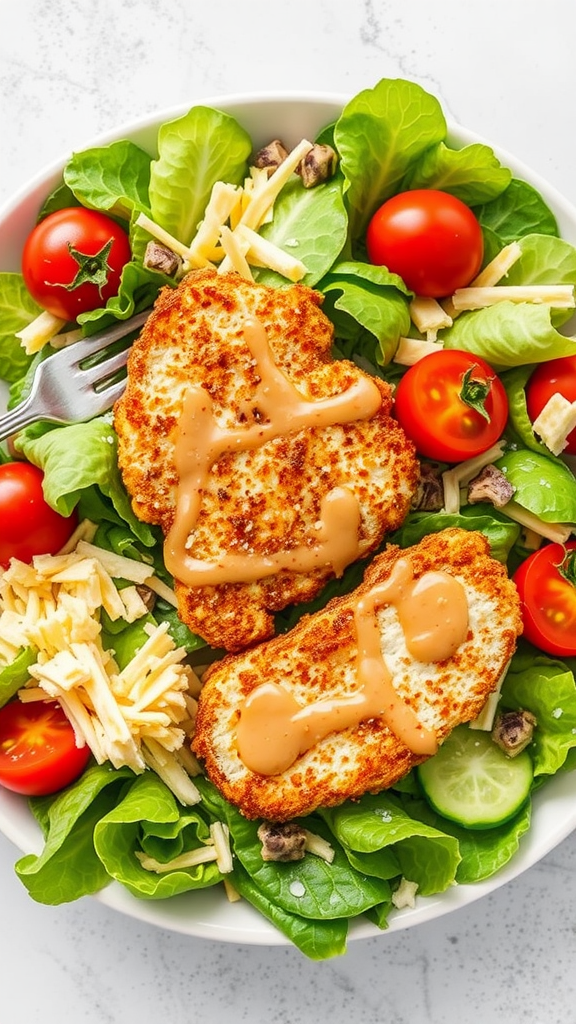 A bowl of crispy chicken salad with greens, tomatoes, and dressing.