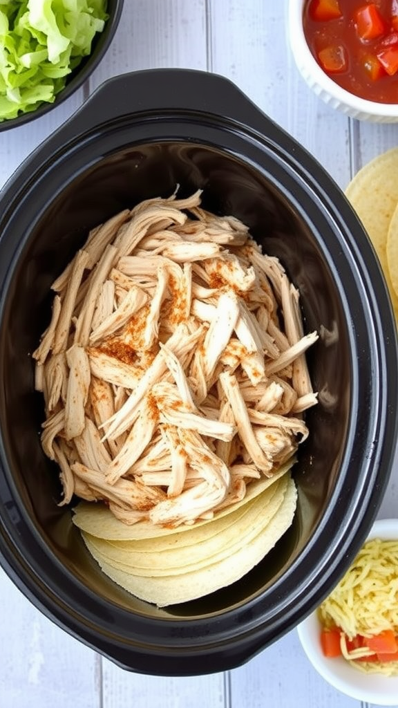 Crock pot filled with shredded chicken and tortillas for chicken tacos