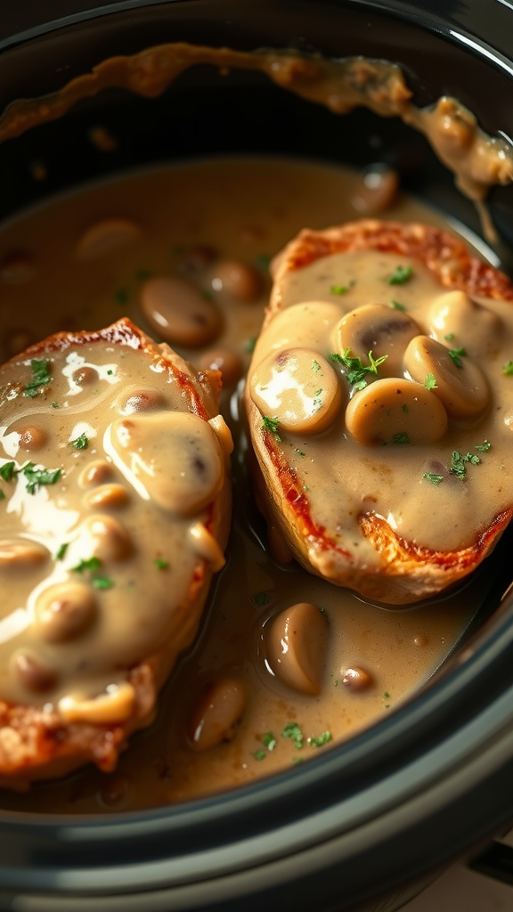 Two pork chops in a creamy mushroom sauce inside a crock pot.