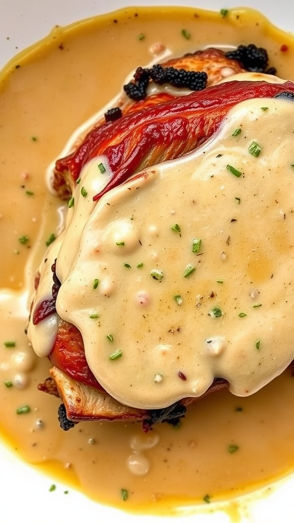 A close-up of a pork roast covered in creamy gravy, garnished with herbs.