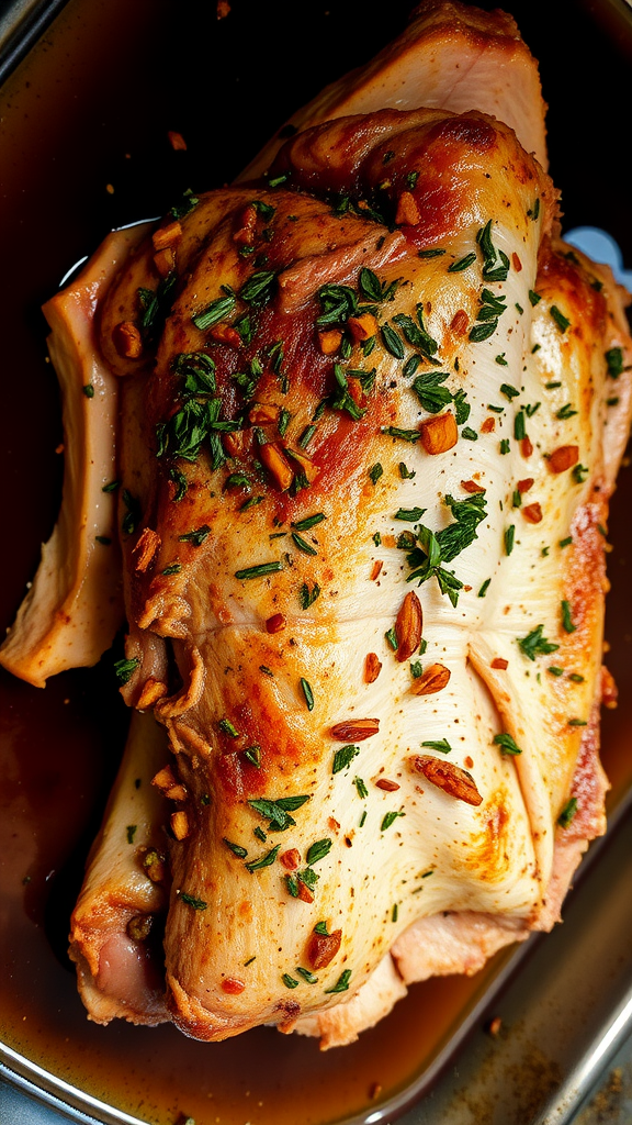A roasted pork shoulder with fresh herbs on top, resting in a savory sauce.