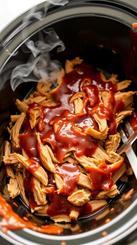Crock pot filled with shredded pulled pork and barbecue sauce