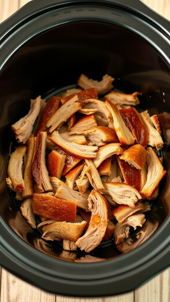 A close-up of shredded pork in a slow cooker.