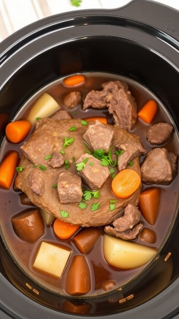 A close-up view of a crock pot roast with beef, carrots, and potatoes in a rich gravy.
