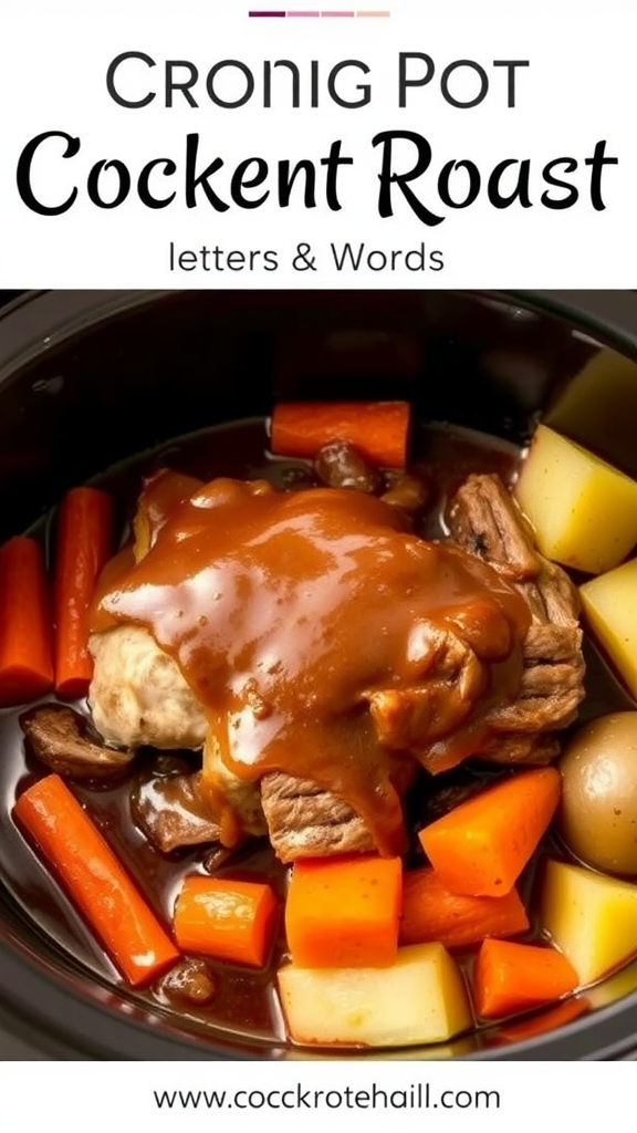 A delicious crock pot roast with carrots and potatoes in gravy.