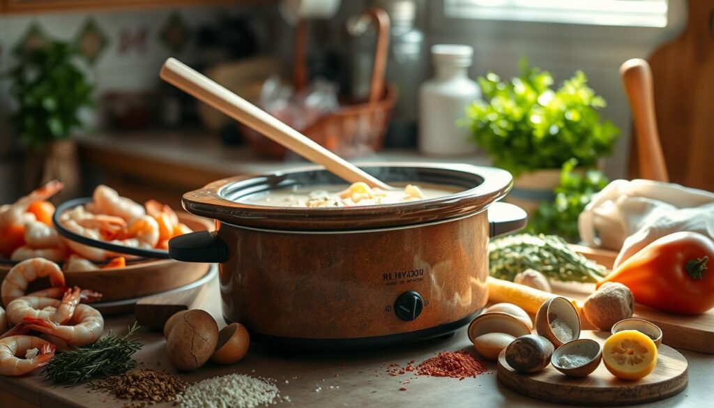 crockpot setup for seafood chowder