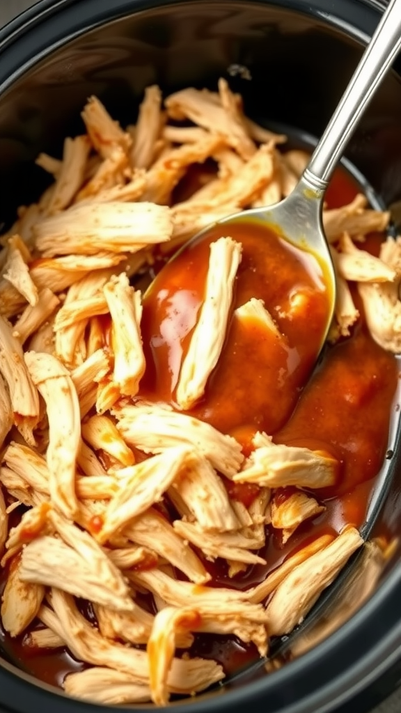 Bowl of pulled chicken in barbecue sauce with a spoon.