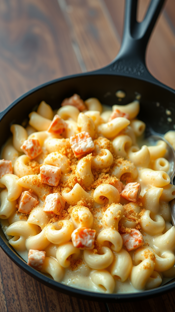 A skillet filled with creamy lobster mac and cheese, featuring shell pasta and chunks of lobster topped with bread crumbs.
