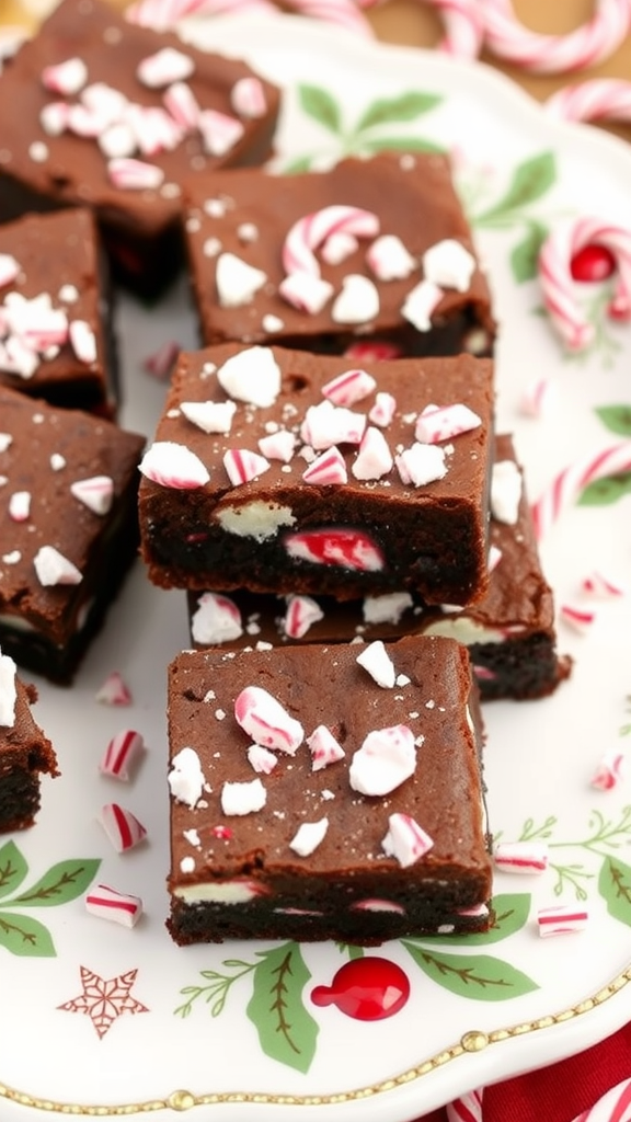 Delicious peppermint bark brownies topped with crushed candy canes on a festive plate.