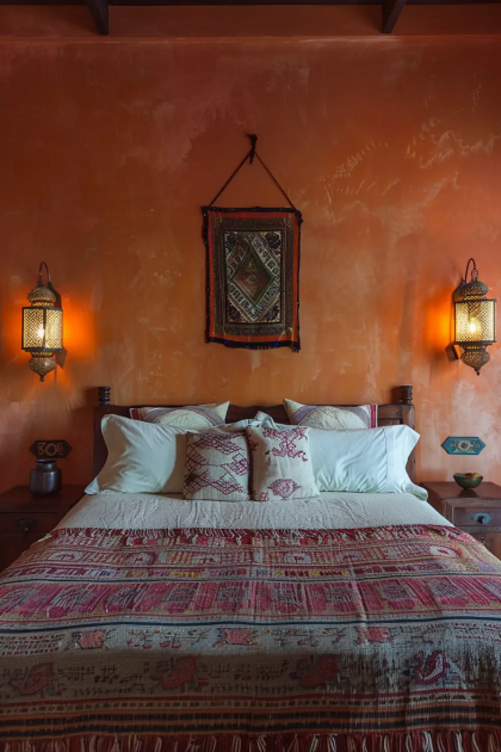 Moroccan inspired bedroom with spice colors