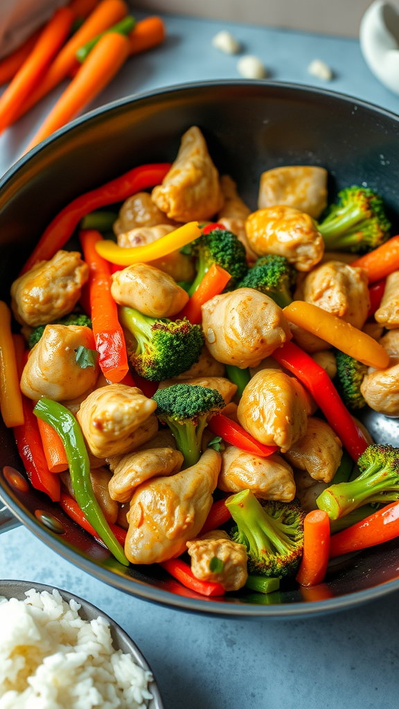 A colorful chicken stir fry with bell peppers and broccoli in a skillet, served with rice.