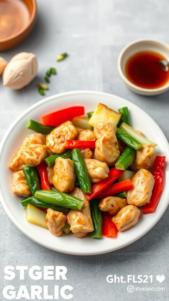 A plate of easy chicken stir fry with green beans, red peppers, and chicken pieces.