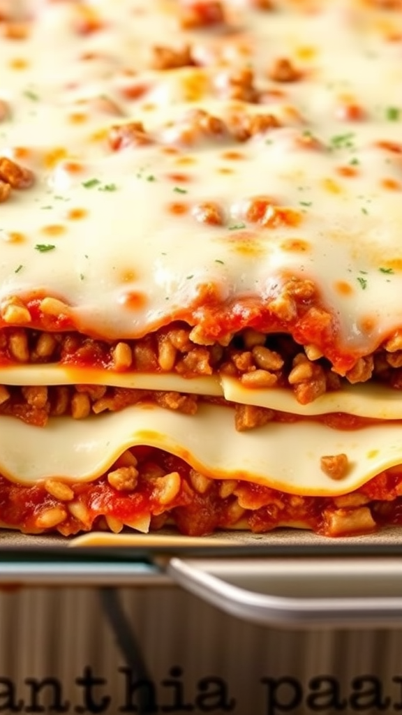 A close-up of a deliciously layered lasagna with melted cheese on top